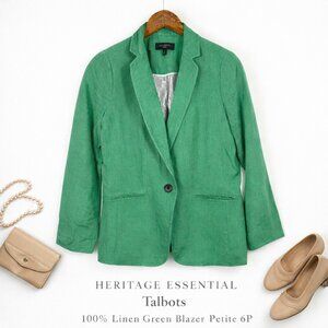 Talbots 100% Linen Green Blazer Petite 6P Notch Lapel Spring Jacket